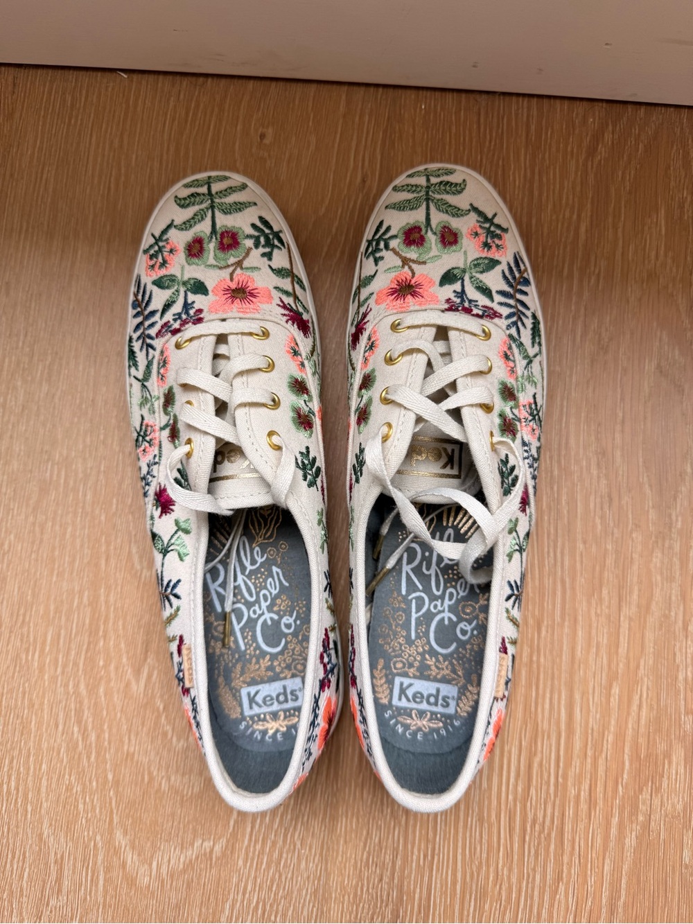 Keds Floral Embroidered Canvas Sneakers - Cream with Pink & Green Accents